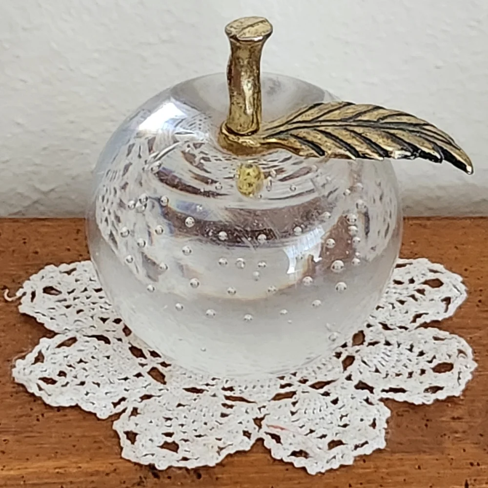 Vintage Bubble Glass/Brass Apple Paperweight